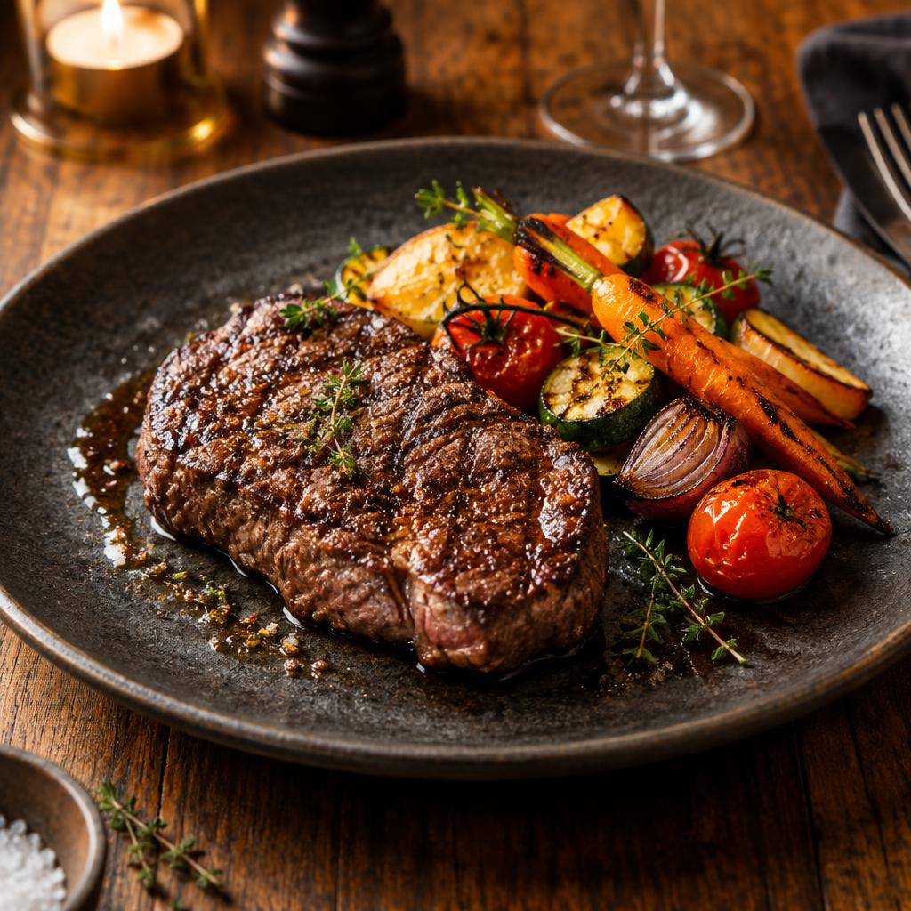 Flame-grilled rib-eye with vegetables